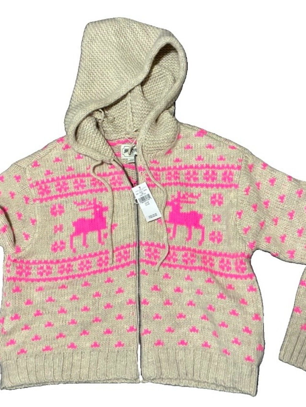 American Eagle Outfitters Cream Hoodie Cardigan with Pink Reindeer/moose Pattern